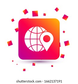 White Location on the globe icon isolated on white background. World or Earth sign. Square color button. Vector Illustration