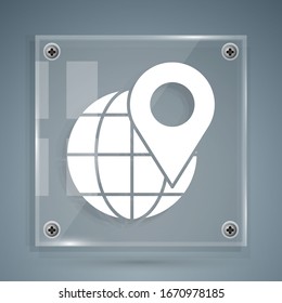White Location on the globe icon isolated on grey background. World or Earth sign. Square glass panels. Vector Illustration