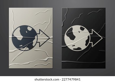 White Location on the globe icon isolated on crumpled paper background. World or Earth sign. Paper art style. Vector