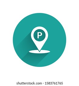 White Location with parking icon isolated with long shadow background. Street road sign. Green circle button. Vector Illustration