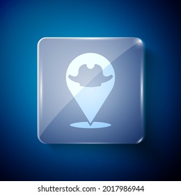 White Location pirate icon isolated on blue background. Square glass panels. Vector