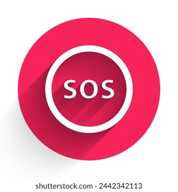 White Location with SOS icon isolated with long shadow. SOS call marker. Map pointer sign. Red circle button. Vector Illustration