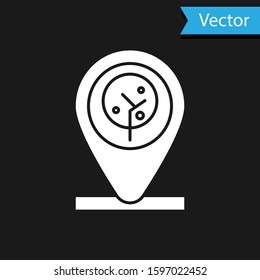 White Location and tree icon isolated on black background.  Vector Illustration