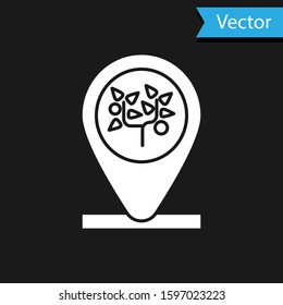White Location and tree icon isolated on black background.  Vector Illustration