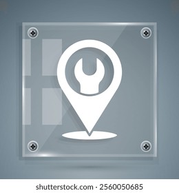 White Location with wrench spanner icon isolated on grey background. Adjusting, service, setting, maintenance, repair, fixing. Square glass panels. Vector Illustration