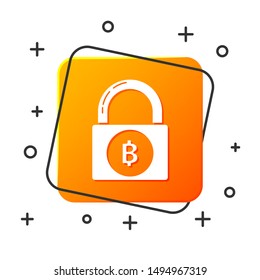 White Lock with bitcoin icon isolated on white background. Cryptocurrency mining, blockchain technology, security, protect, digital money. Orange square button. Vector Illustration