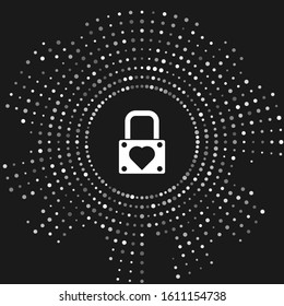 White Lock and heart icon isolated on grey background. Locked Heart. Love symbol and keyhole sign. Valentines day symbol. Abstract circle random dots. Vector Illustration