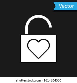 White Lock and heart icon isolated on black background. Locked Heart. Love symbol and keyhole sign. Valentines day symbol.  Vector Illustration