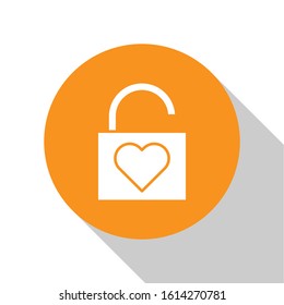 White Lock and heart icon isolated on white background. Locked Heart. Love symbol and keyhole sign. Valentines day symbol. Orange circle button. Vector Illustration