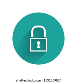 White Lock icon isolated with long shadow. Padlock sign. Security, safety, protection, privacy concept. Green circle button. Vector Illustration