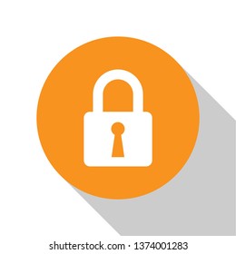 White Lock icon isolated on white background. Closed padlock sign. Cyber security concept. Digital data protection. Safety safety. Orange circle button. Vector Illustration