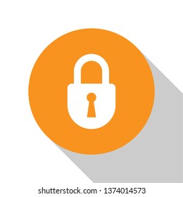 White Lock icon isolated on white background. Padlock sign. Security, safety, protection, privacy concept. Orange circle button. Vector Illustration