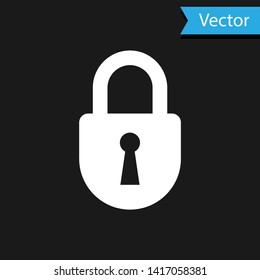 White Lock icon isolated on black background. Padlock sign. Security, safety, protection, privacy concept. Vector Illustration