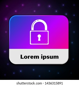 White Lock icon isolated on black background. Padlock sign. Security, safety, protection, privacy concept. Rectangle color button. Vector Illustration