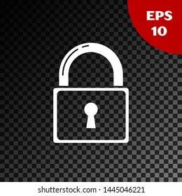 White Lock icon isolated on transparent dark background. Padlock sign. Security, safety, protection, privacy concept.  Vector Illustration
