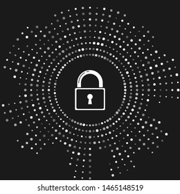 White Lock icon isolated on grey background. Padlock sign. Security, safety, protection, privacy concept. Abstract circle random dots. Vector Illustration