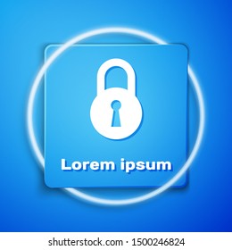 White Lock icon isolated on blue background. Padlock sign. Security, safety, protection, privacy concept. Blue square button. Vector Illustration