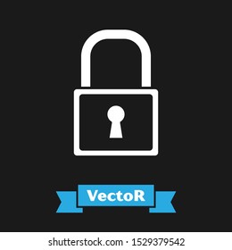 White Lock icon isolated on black background. Padlock sign. Security, safety, protection, privacy concept.  Vector Illustration