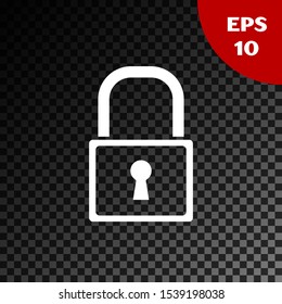 White Lock icon isolated on transparent dark background. Padlock sign. Security, safety, protection, privacy concept.  Vector Illustration