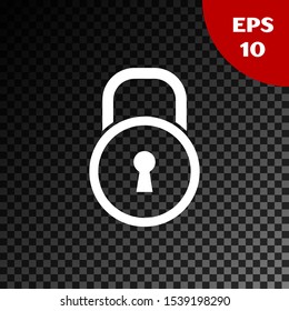 White Lock icon isolated on transparent dark background. Padlock sign. Security, safety, protection, privacy concept.  Vector Illustration