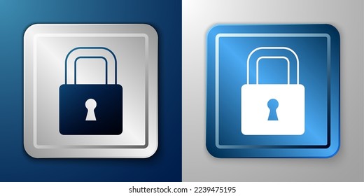 White Lock icon isolated on blue and grey background. Padlock sign. Security, safety, protection, privacy concept. Silver and blue square button. Vector