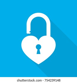 White lock icon on blue background. Vector illustration. Abstract lock with long shadow.