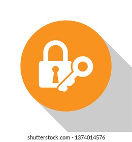 White Lock and key icon isolated on white background. Padlock sign. Security, safety, protection, privacy concept. Orange circle button. Vector Illustration