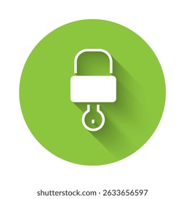 White Lock and key icon isolated with long shadow. Padlock sign. Security, safety, protection, privacy concept. Green circle button. Vector Illustration