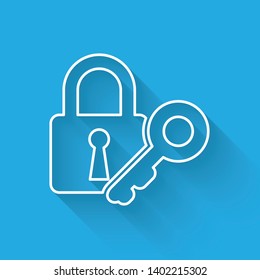 White Lock and key line icon isolated with long shadow. Padlock sign. Security, safety, protection, privacy concept. Vector Illustration