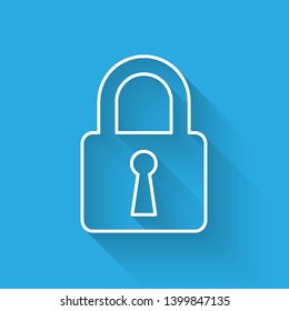 White Lock line icon isolated with long shadow. Closed padlock sign. Cyber security concept. Digital data protection. Safety safety. Vector Illustration