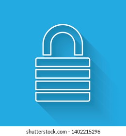 White Lock line icon isolated with long shadow. Padlock sign. Security, safety, protection, privacy concept. Vector Illustration