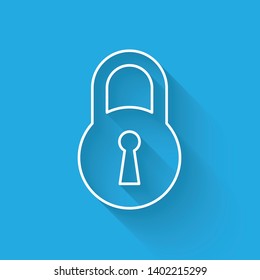 White Lock line icon isolated with long shadow. Padlock sign. Security, safety, protection, privacy concept. Vector Illustration
