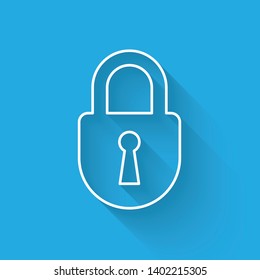 White Lock line icon isolated with long shadow. Padlock sign. Security, safety, protection, privacy concept. Vector Illustration