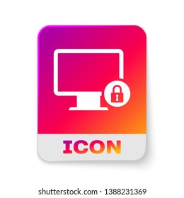 White Lock on computer monitor screen icon isolated on white background. Monitor and padlock. Security, safety, protection concept. Safe internetwork. Rectangle color button. Vector Illustration