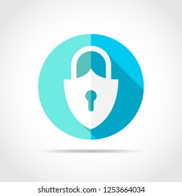 White lock sign in flat design with long shadow. Vector illustration. Simple lock icon on blue round button.