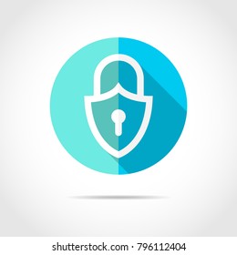 White lock sign in flat design with long shadow. Vector illustration. Simple lock icon on blue round button.