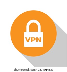 White Lock VPN icon isolated on white background. Orange circle button. Vector Illustration