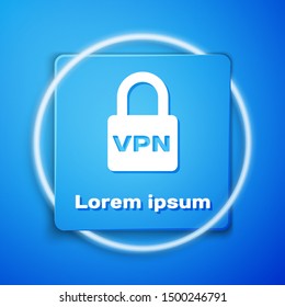White Lock VPN icon isolated on blue background. Blue square button. Vector Illustration