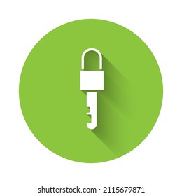 White Locked key icon isolated with long shadow. Green circle button. Vector Illustration