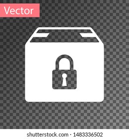 White Locked package icon isolated on transparent background. Lock and cardboard box.  Vector Illustration