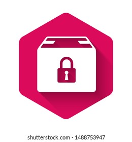 White Locked package icon isolated with long shadow. Lock and cardboard box. Pink hexagon button. Vector Illustration