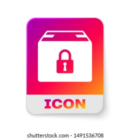 White Locked package icon isolated on white background. Lock and cardboard box. Rectangle color button. Vector Illustration