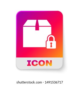 White Locked package icon isolated on white background. Lock and cardboard box. Rectangle color button. Vector Illustration