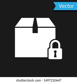 White Locked package icon isolated on black background. Lock and cardboard box.  Vector Illustration