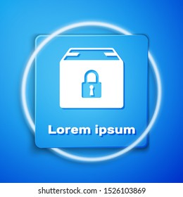 White Locked package icon isolated on blue background. Lock and cardboard box. Blue square button. Vector Illustration