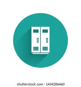 White Locker or changing room for football, basketball team or workers icon isolated with long shadow. Green circle button. Vector Illustration