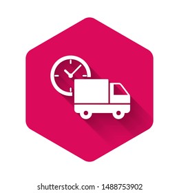 White Logistics delivery truck and clock icon isolated with long shadow. Delivery time icon. Pink hexagon button. Vector Illustration