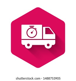 White Logistics delivery truck and stopwatch icon isolated with long shadow. Delivery time icon. Pink hexagon button. Vector Illustration