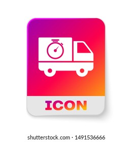 White Logistics delivery truck and stopwatch icon isolated on white background. Delivery time icon. Rectangle color button. Vector Illustration