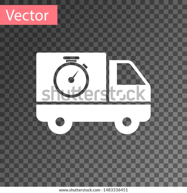 White Logistics delivery truck and stopwatch\
icon isolated on transparent background. Delivery time icon. \
Vector Illustration
